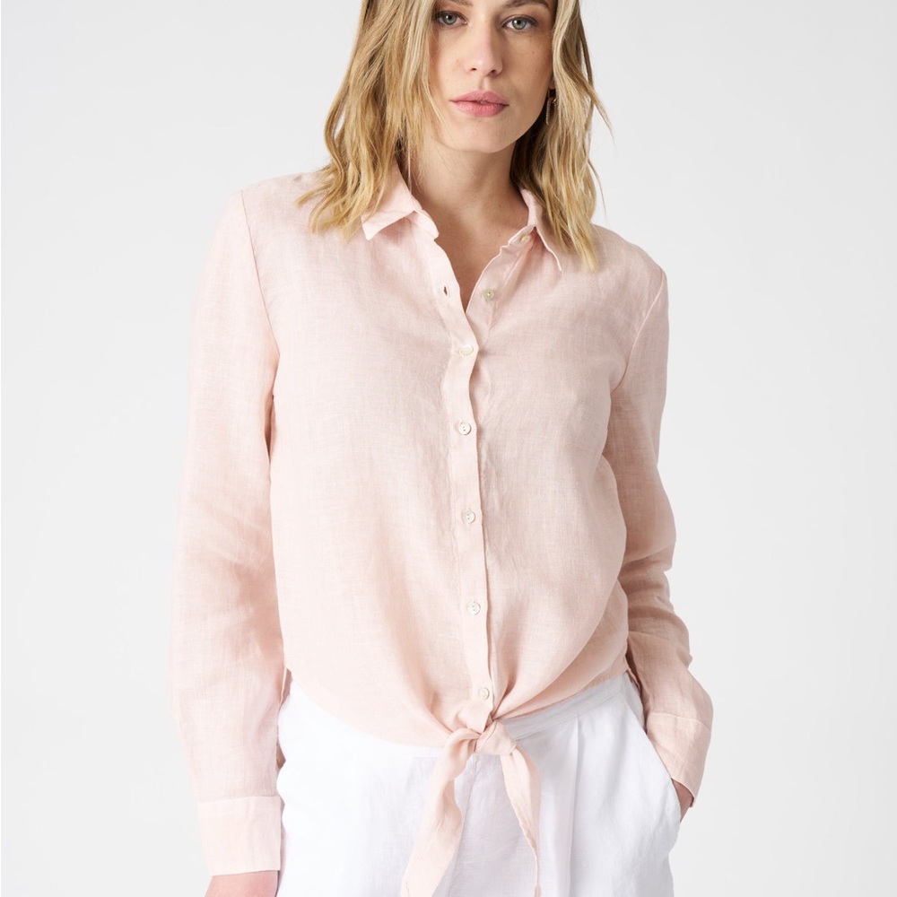 120% Lino Italian Light Pink Linen Tie-Front Button-Up Shirt - Picture 4 of 5